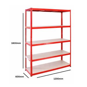 Heavy duty boltless shelving rack with red frame